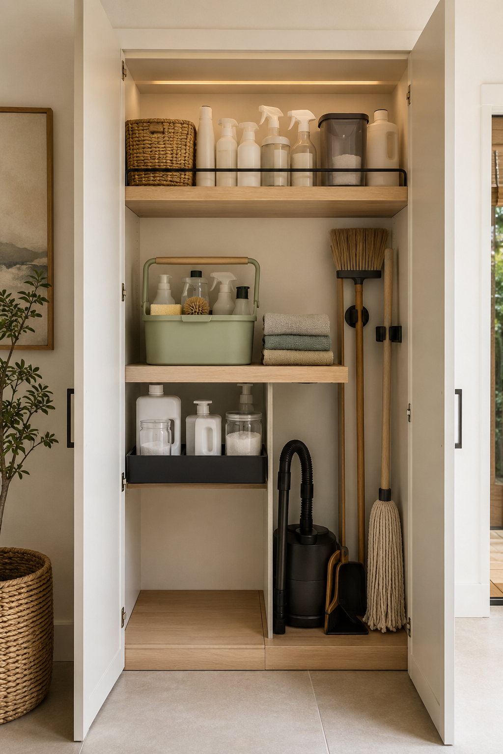 Organized cleaning cupboard with task caddies, bottles, cloths and long-handled tools