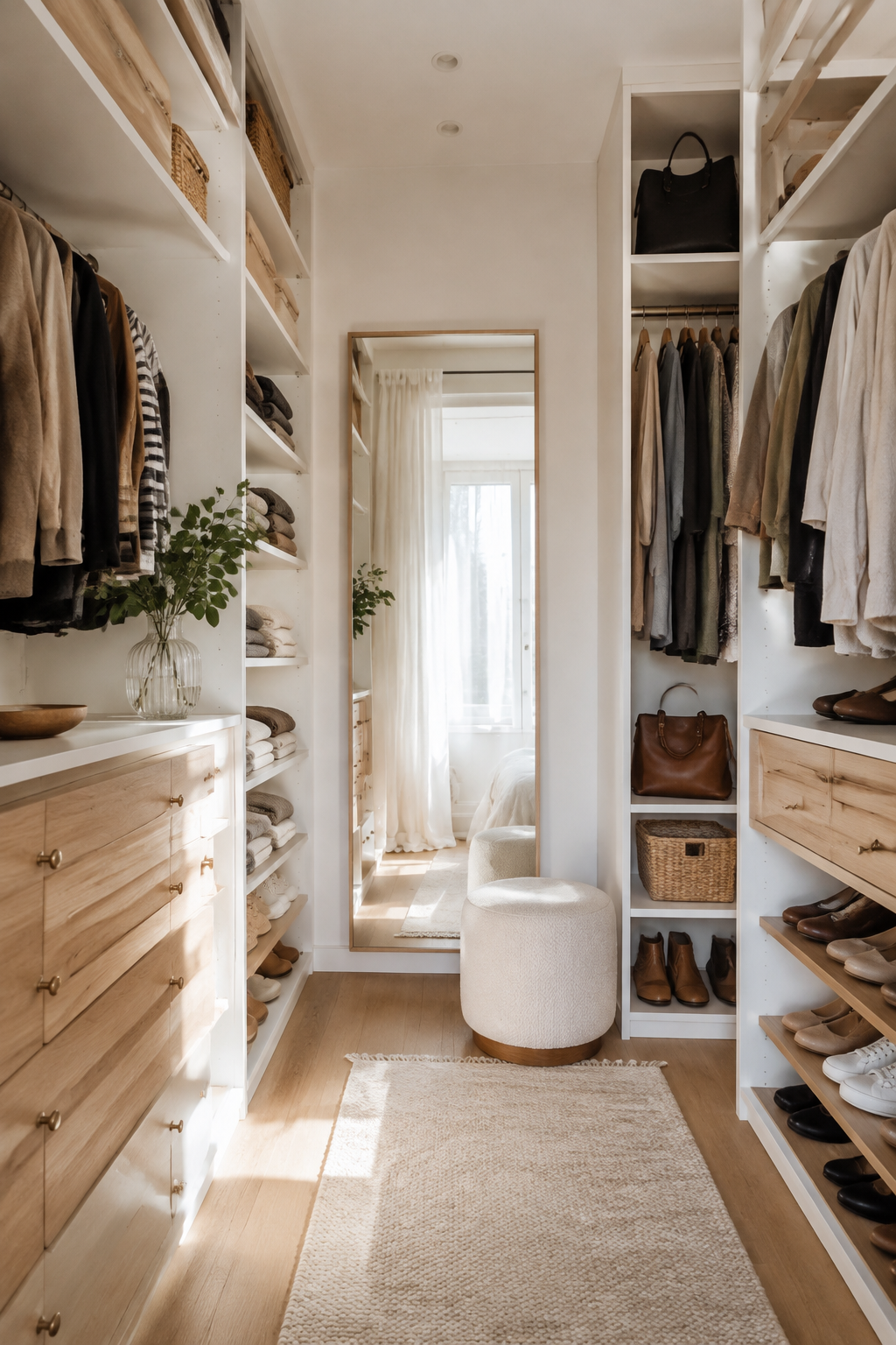 Light-filled walk-in wardrobe with hanging rails, drawers, shelves, shoes and a full-length mirror