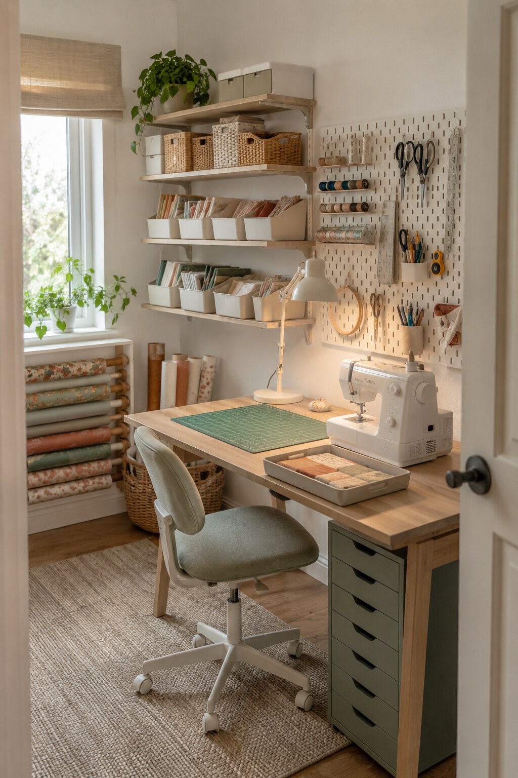 Compact craft and sewing room with fabric storage, pegboard tools, cutting mat and a project tray