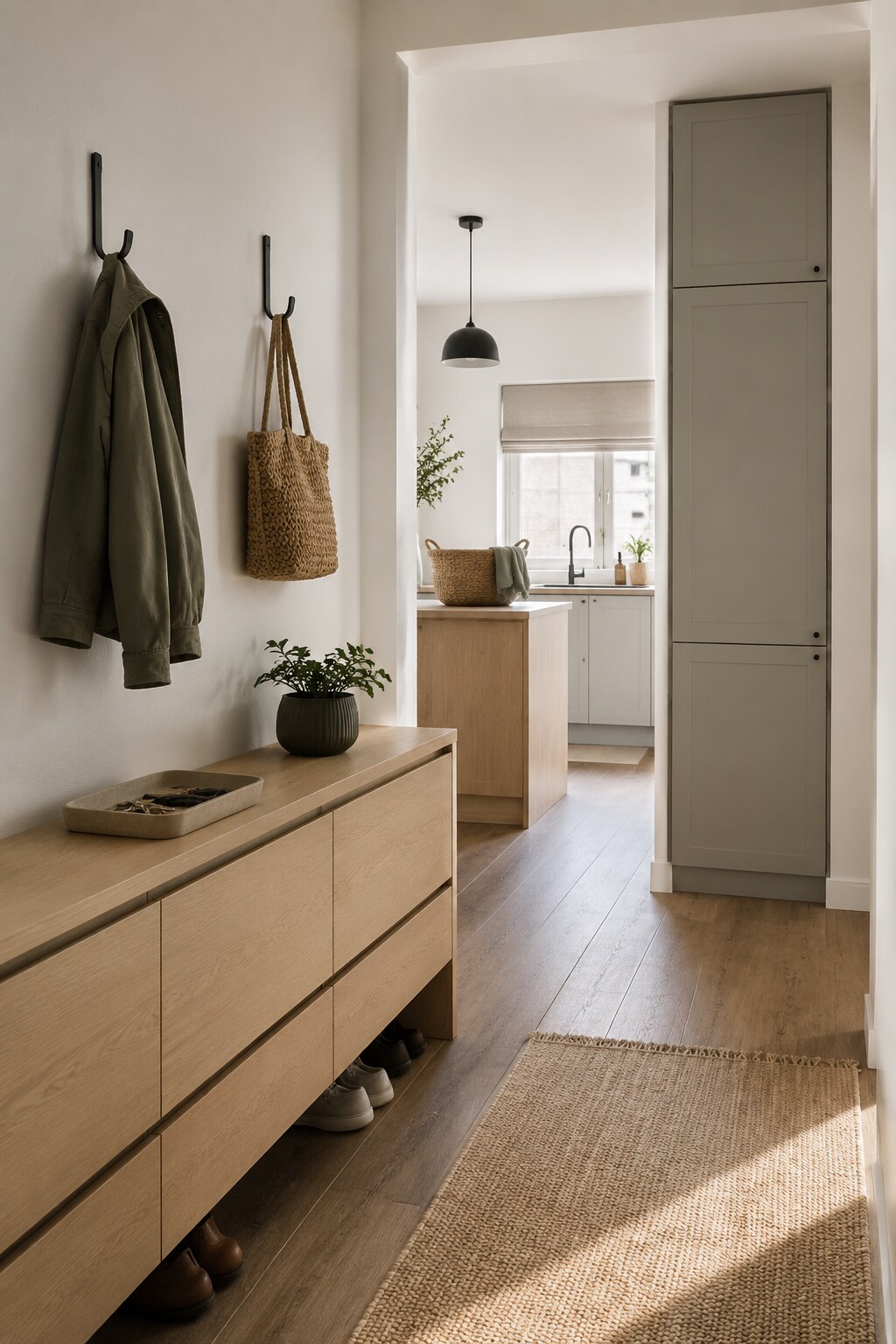 Organic-modern home passage linking an entry drop zone with kitchen and utility storage