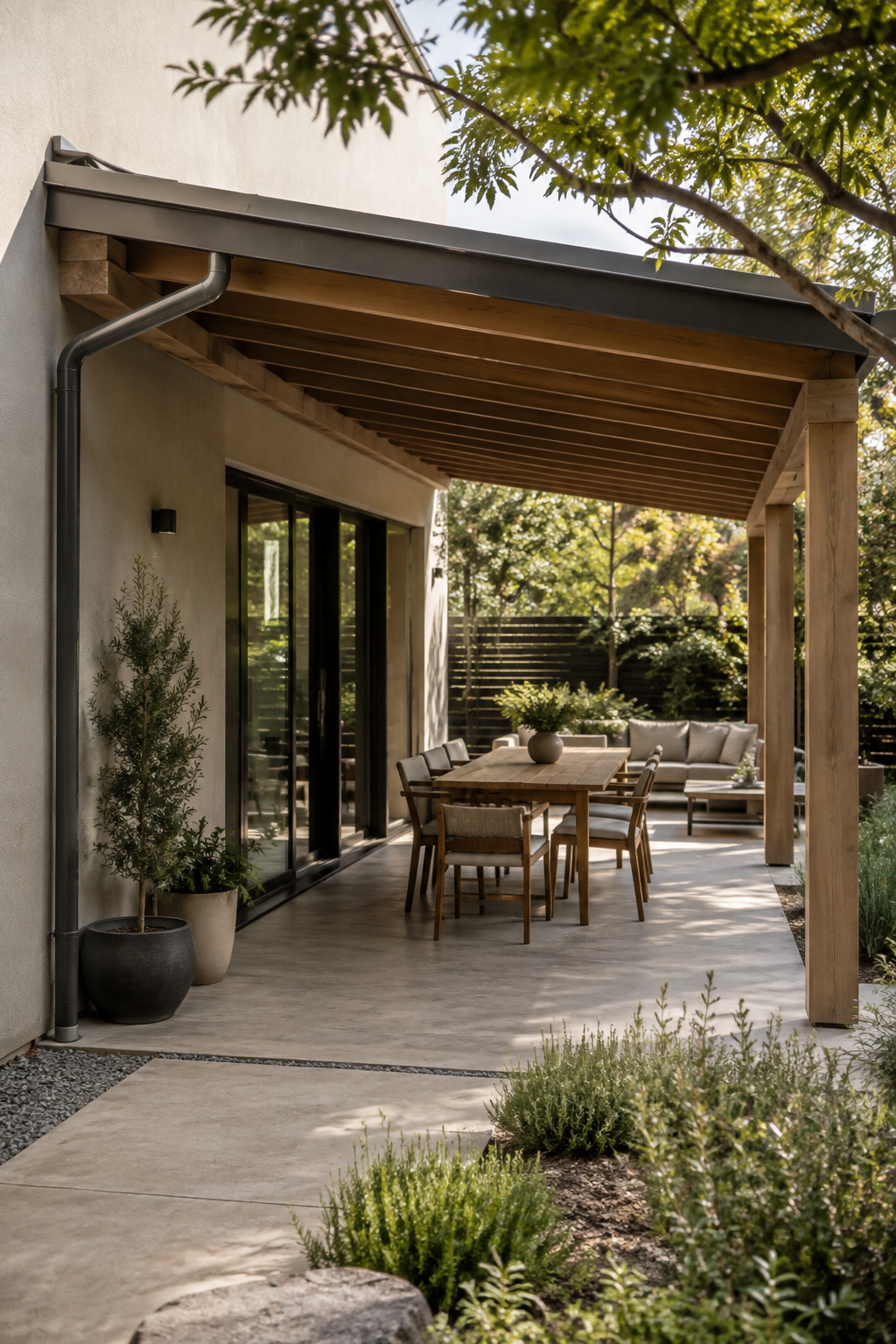 Covered residential patio with filtered shade, clear circulation and managed roof drainage