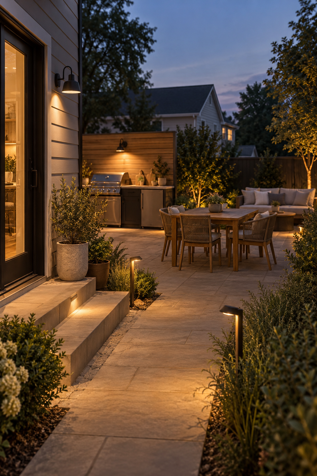 Warm outdoor lighting defining a clear garden path, cooking counter and patio seating area at dusk