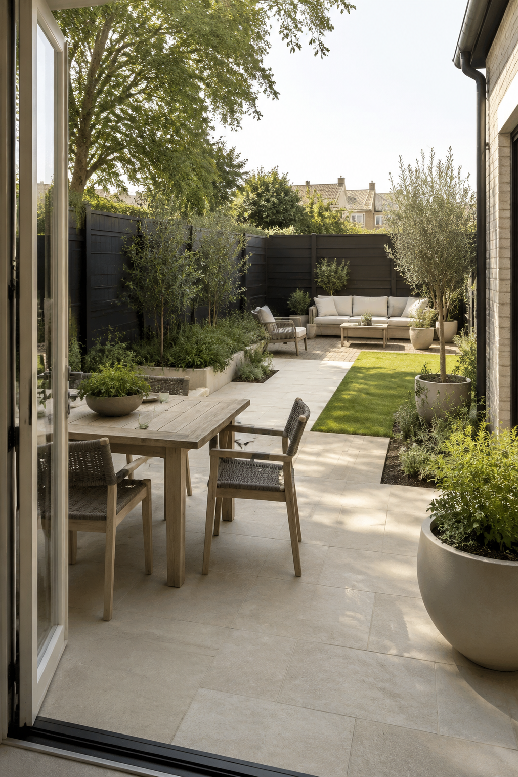 Compact backyard divided into dining and lounge zones with a clear circulation path