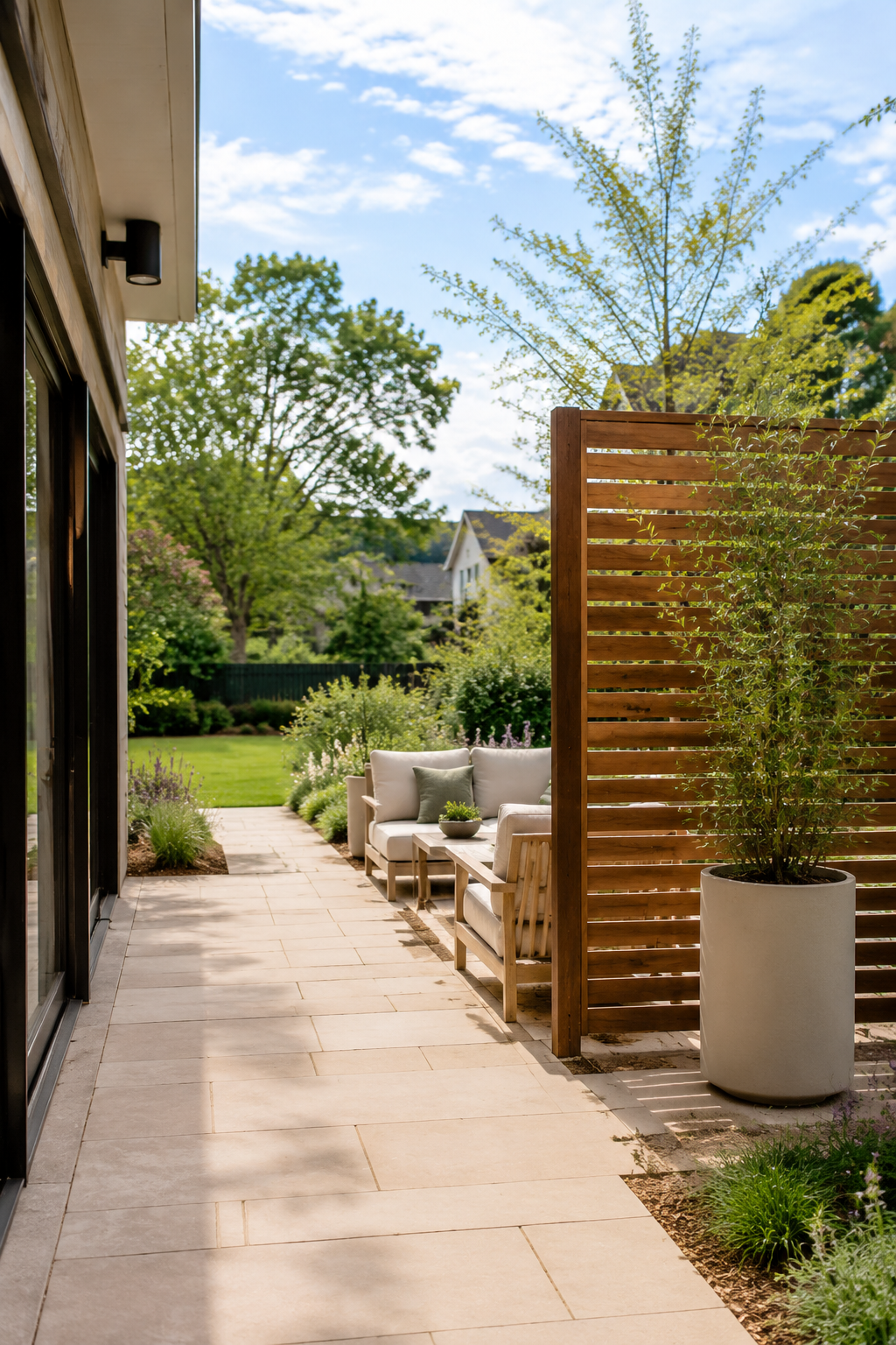 Airy backyard patio with a partial cedar screen and tall planter shielding one sightline while preserving an open garden view