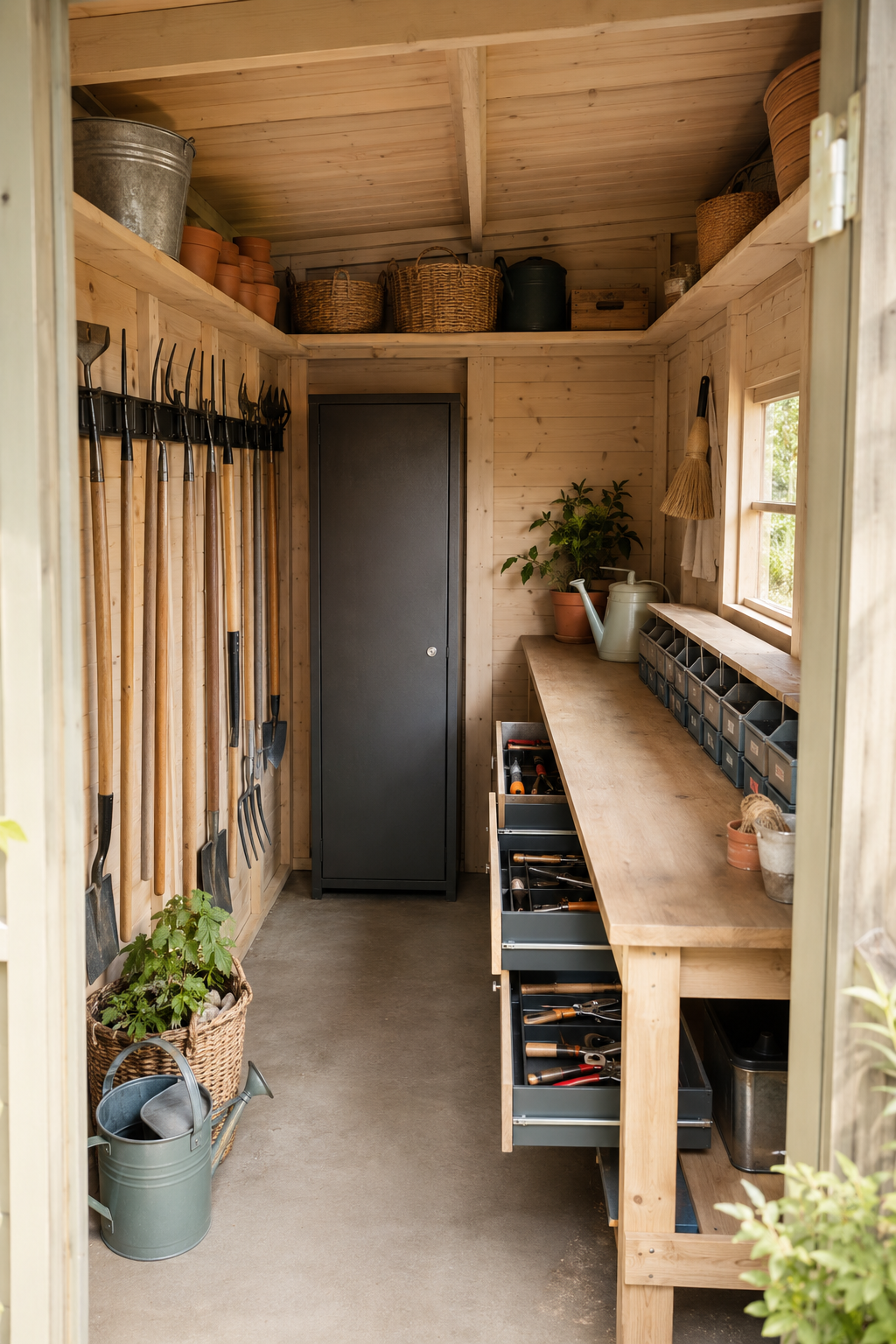 Organised timber garden shed with long-handled tools on a wall rail, closed storage and a clear central aisle
