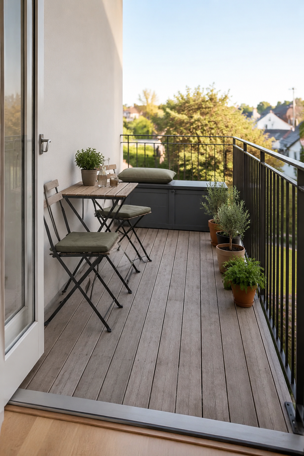 Narrow apartment balcony with folding furniture and a clear route from the doorway