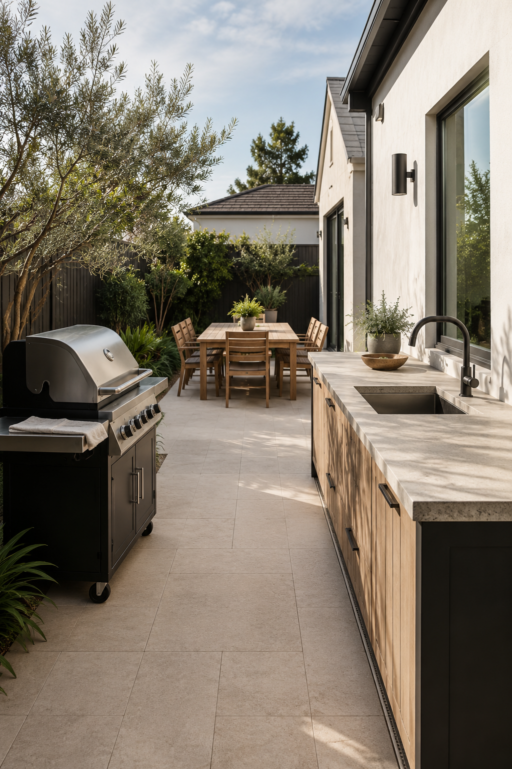 Compact outdoor kitchen with an open-air grill, separate preparation counter and clear route to dining