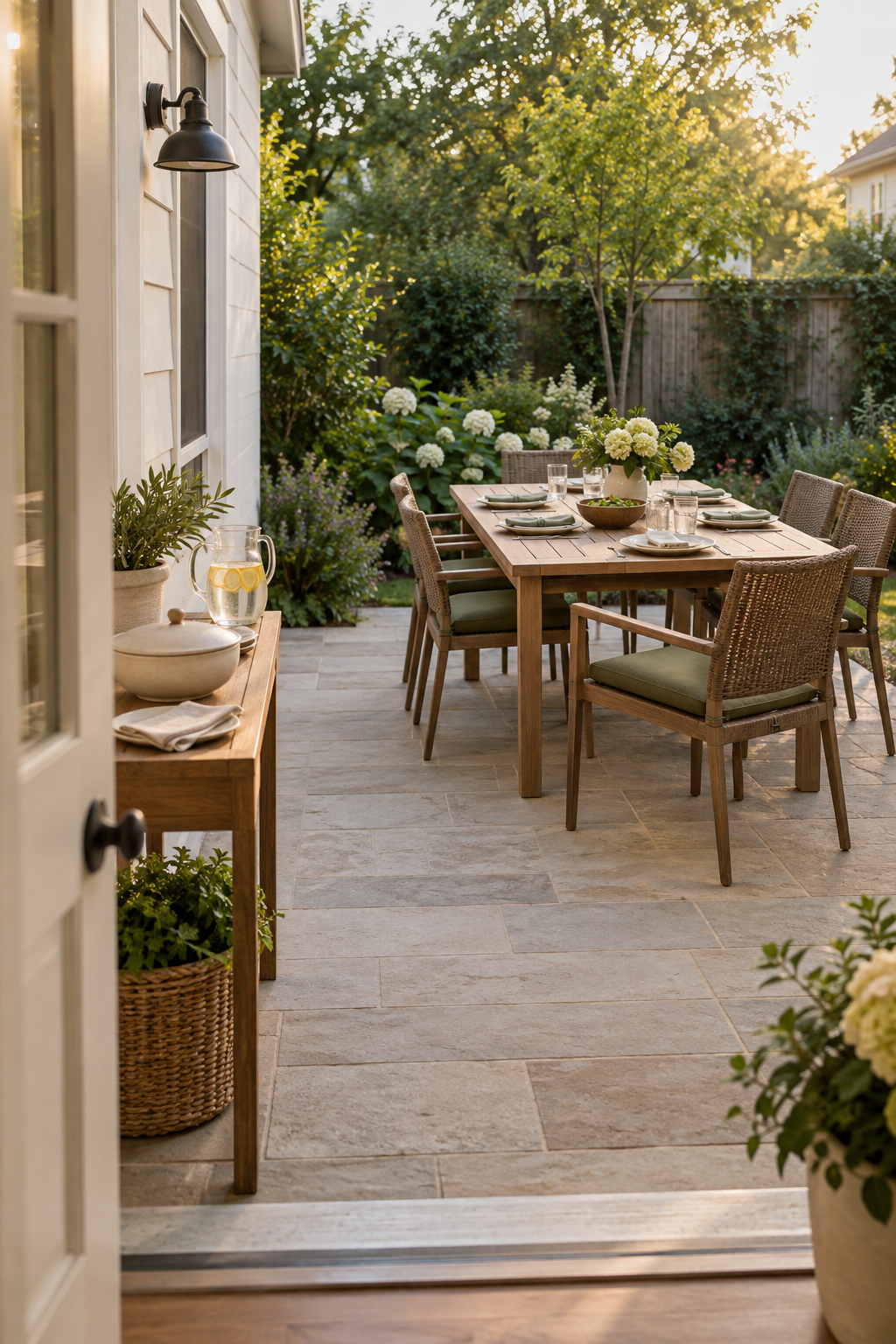 Outdoor dining table for six with a clear route from the kitchen door and a separate serving console