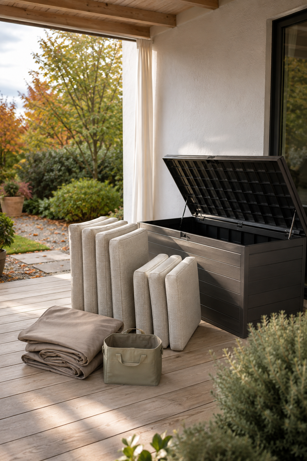 Dry outdoor cushions arranged beside an open storage chest on a covered patio in early autumn